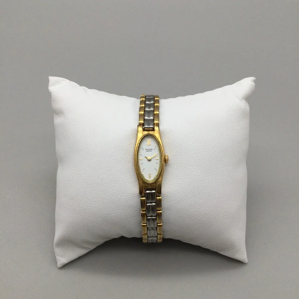 Pulsar Watch Women V220-6190 12mm Silver Gold Tone Oval Dial New Battery 7.25